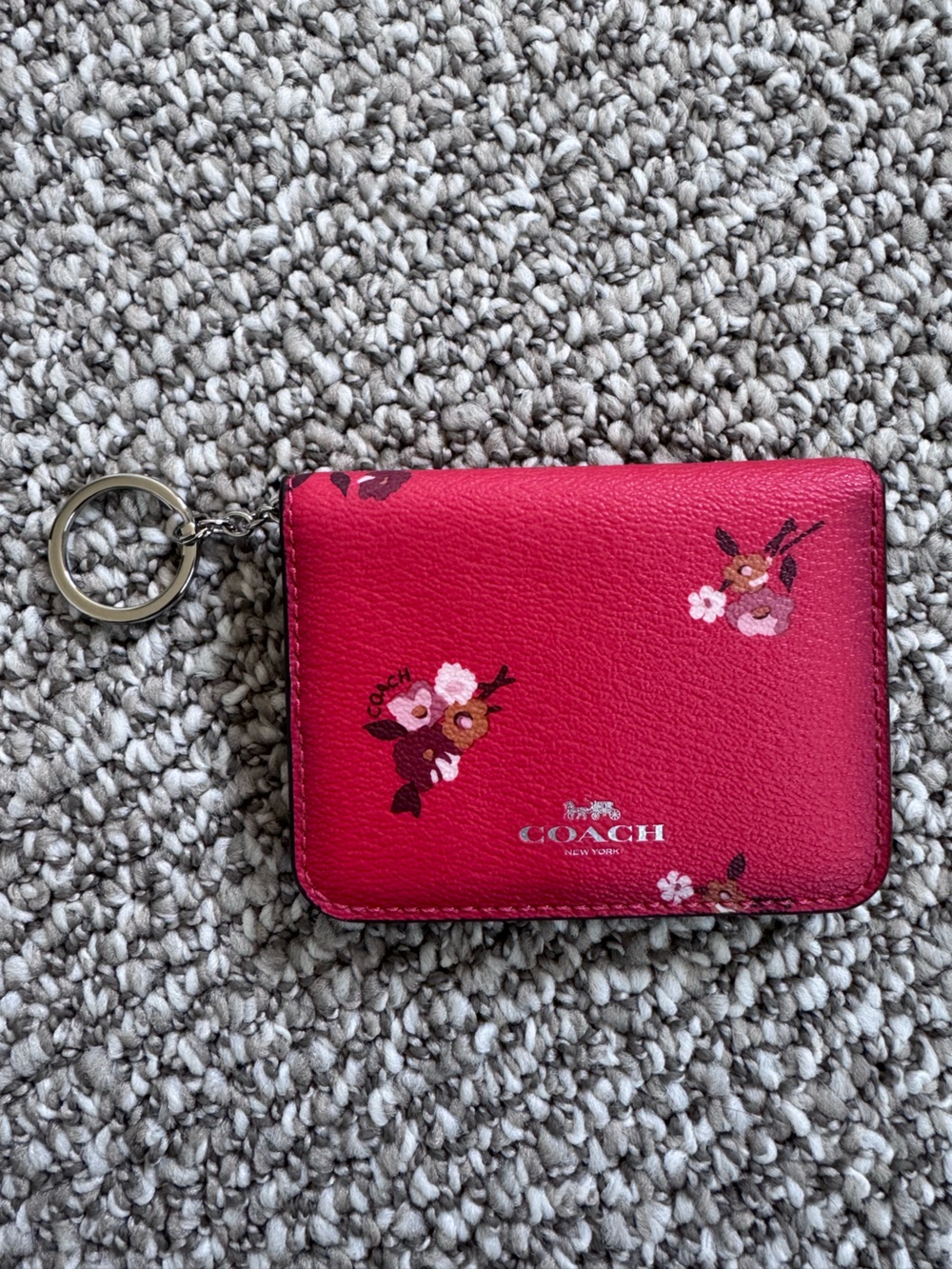 Coach Pink Floral Leather Card Case with Key Ring
